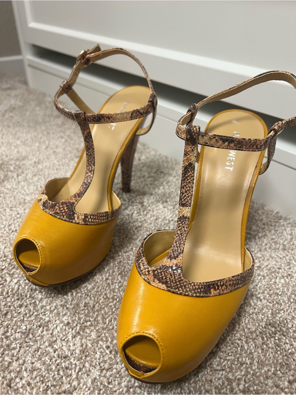 Nine West Mustard Yellow T‑Strap Peep Toe High Heels with Snakeskin Trim